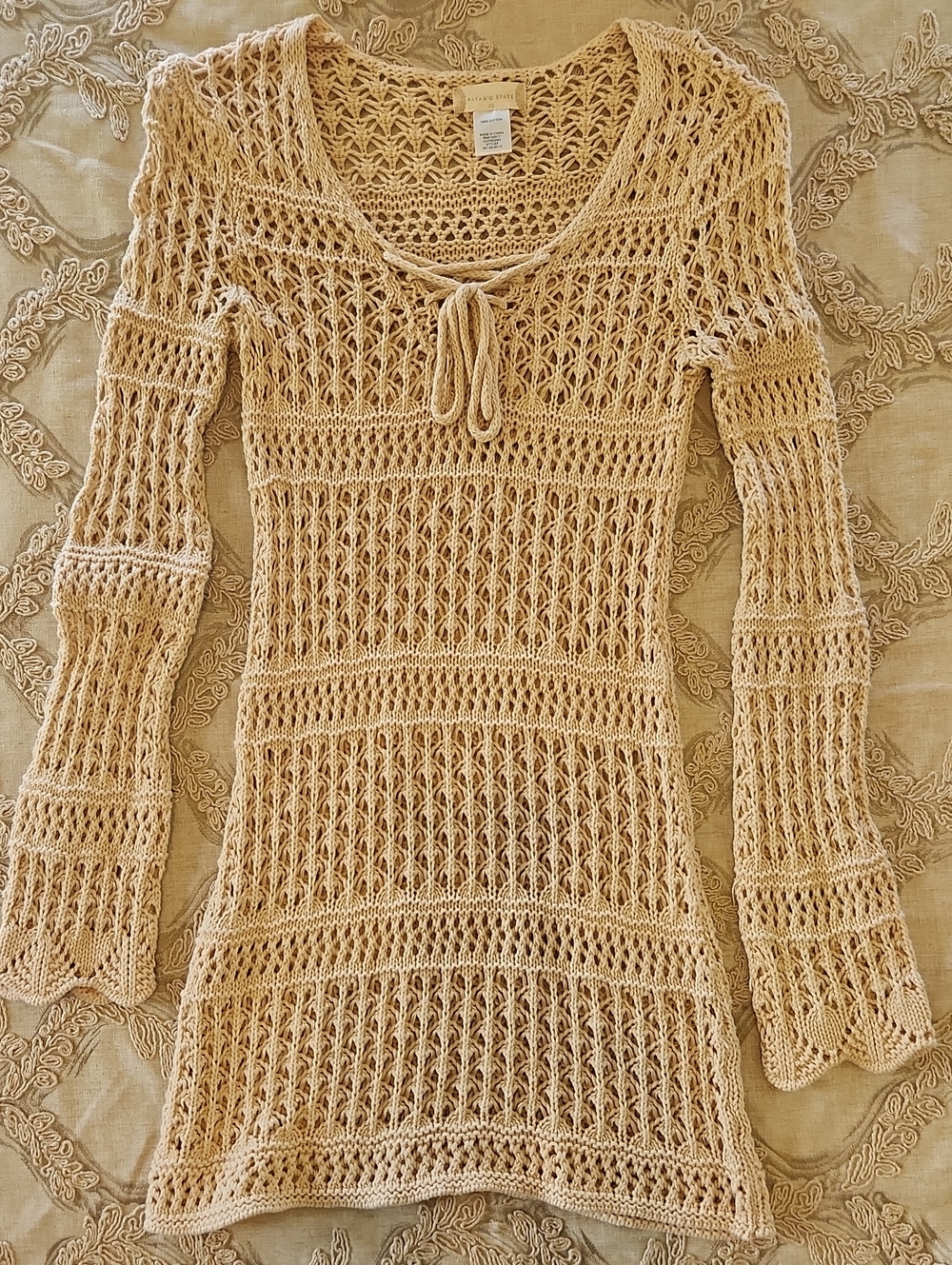 Altar'd State Beige Openwork Crochet Tie-Neck Long Sleeve Dress